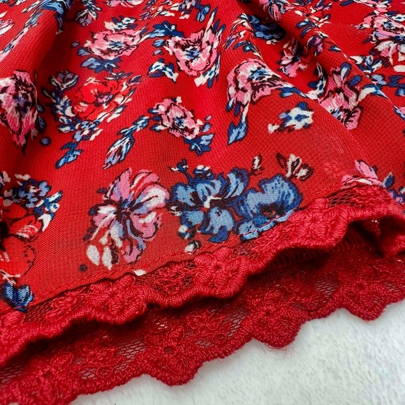 Mini Dress Boho Floral Smocked Semi Sheer Bell Sleeve Red Small City Triangles - Picture 15 of 17